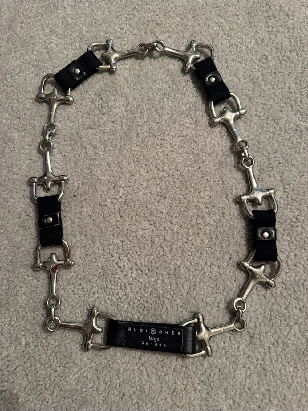Suzi Roher Black Leather and Silver-Tone Horse bit Snaffle Belt Large
